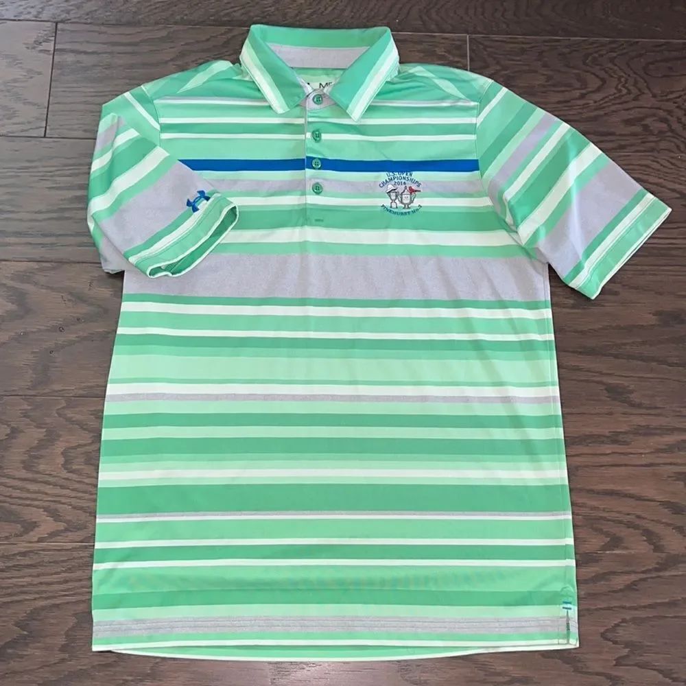 2014 US Open Pinehurst Killer Green Gray Stripe Golf Polo Shirt M Under Armour